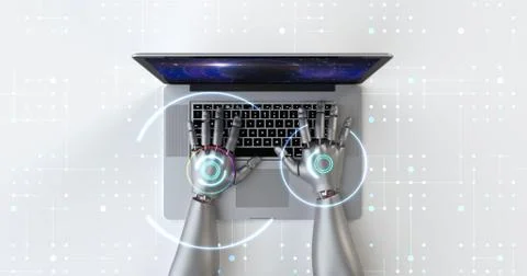 Advanced robot hands using laptop computer. Technology related 3D Render. イラスト素材
