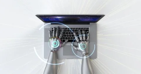 Advanced robot hands using laptop computer. Technology related 3D Render. 库存插图