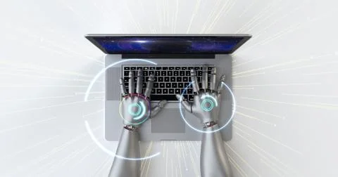 Advanced robot hands using laptop computer. Technology related 3D Render. イラスト素材