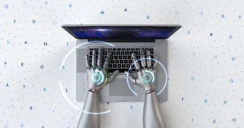 Advanced robot hands using laptop computer. Technology related 3D Render. Stock Illustration
