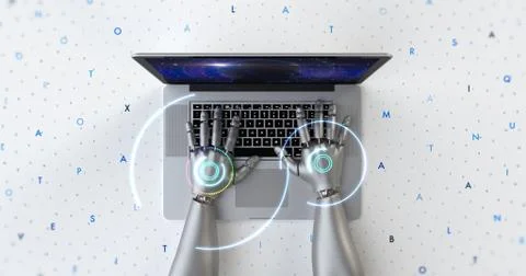 Advanced robot hands using laptop computer. Technology related 3D Render. Stockillustratie