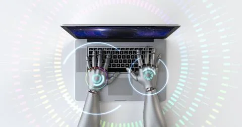 Advanced robot hands using laptop computer. Technology related 3D Render. Illustrazione stock