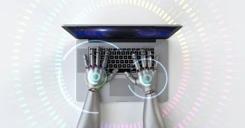 Advanced robot hands using laptop computer. Technology related 3D Render. Illustrazione stock