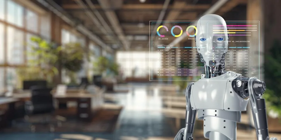 Advanced Robot System Assisting in Data Analysis and Visualization Foto stock