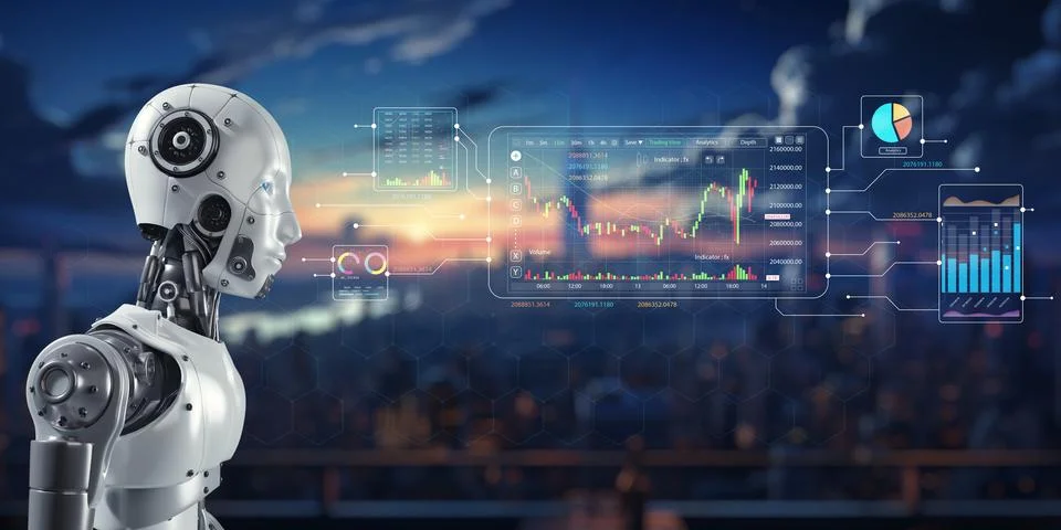 Advanced Robot System Assisting in Data Analysis and Calculation Stock Photos