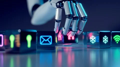 Advanced robotic arm stacking colorful cubes with smart home icons. Render CGI Stock Footage 260901930