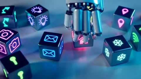 Advanced robotic arm stacking colorful cubes with smart home icons. Render CGI Stock Footage 260902008