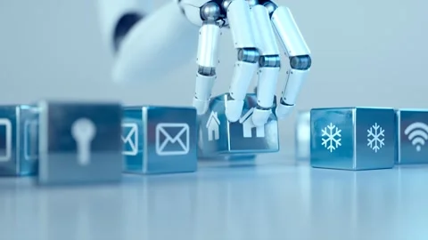 Advanced robotic arm stacking metallic cubes with smart home icons. Render CGI Stock Footage 260901866