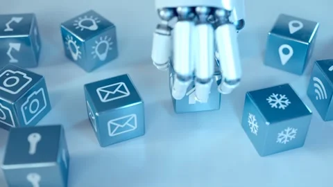 Advanced robotic arm stacking metallic cubes with smart home icons. Render CGI Stock Footage 260901878