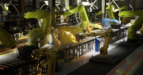 Advanced robotic arms assemble components in a high tech manufacturing facili Illustrazione stock