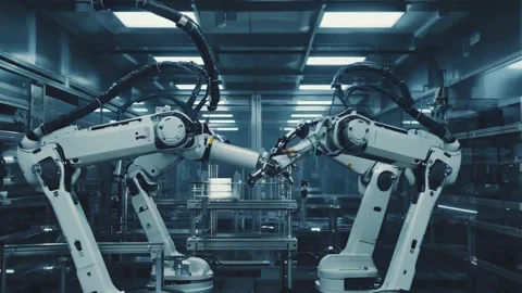 Advanced robotic arms collaborating in a futuristic automated factory assem.. Stock Footage 321340570