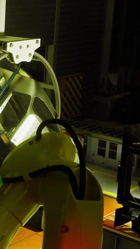 Advanced robotic arms operate in a high tech assembly facility late at night Stock Footage 331832618