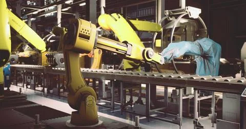 Advanced robotic arms operate in a modern manufacturing facility Stock Illustration