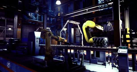 Advanced robotic arms work in a modern industrial production facility Stock Illustration