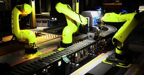 Advanced robotic arms working on an assembly line in a modern factory setting Stock Illustration