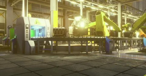 Advanced robotic assembly line in a modern manufacturing facility at night Stock Illustration