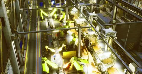 Advanced robotic assembly line operating in a modern factory setting Stock Illustration