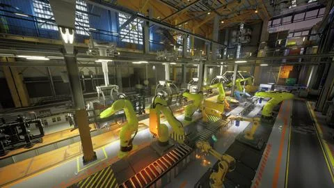 Advanced robotic assembly line operating in a modern industrial facility Illustrazione stock