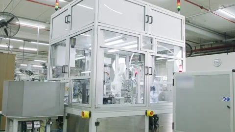 Advanced robotic machine manufacturing parts in an automated assembly line Stock Footage