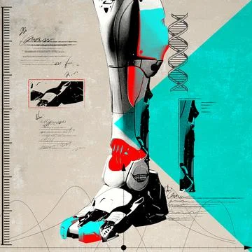 Advanced Robotic Prosthesis. Robotic leg with detailed elements. Advancements in Illustrazione stock