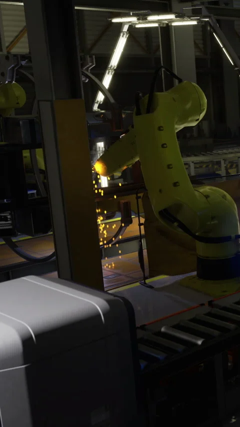 Advanced robotic welding technology ignites sparks in a busy factory Stock Footage 331834350