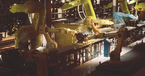 Advanced robotics in manufacturing facility performing automated assembly tas Stock Illustration