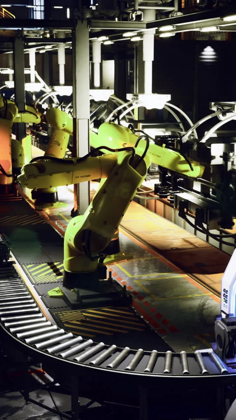 Advanced robotics at work in a modern factory during evening hours Stock Footage 326199581