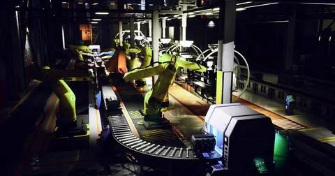 Advanced robotics at work in a modern factory during evening hours Stock Illustration