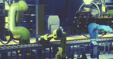 Advanced robotics at work in a modern manufacturing facility during night shi Illustrazione stock