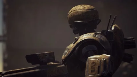 Advanced Robots Patrol Sci-Fi City Ruins Post-War Stock Footage 152061257