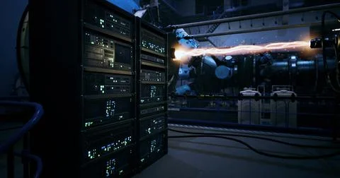 Advanced server room displays rows of equipment with illuminated panels Stock Illustration