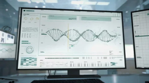 Advanced software of DNA analysis at big computer screen with keyboard on desk Stock Footage 269019495