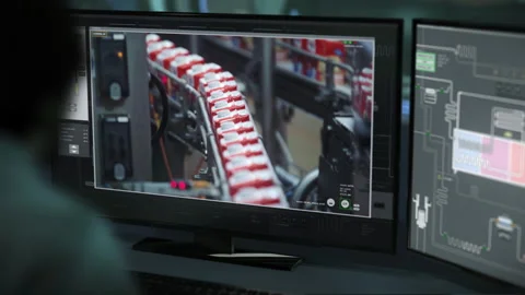 Advanced software supervises the industrial conveyor lines at the factory Stock Footage 266320682