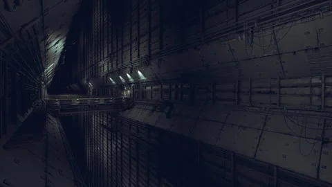 Advanced spaceship corridor lit by glowing panels and survey drone Stock Footage 334340777