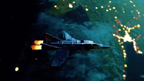 Advanced Stealth Fighter Jet Flying in Orbit Above Earth at Night Stock Footage 334535655