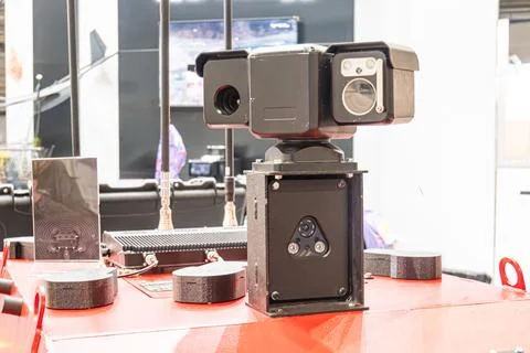 Advanced surveillance system at exhibition, showcasing robust black modular.. Stock-Fotos