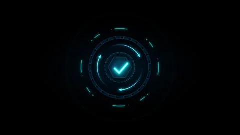 Advanced technological display with cyan checkmark inside hexagon and rotat.. 動画素材 335826502