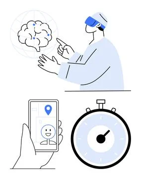Advanced Technologies AR Headset, AI Brain, Smartphone GPS, and Precision T.. Stock Illustration