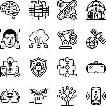 Advanced Technology and Artificial Intelligence Line Icons Set. Stock Illustration