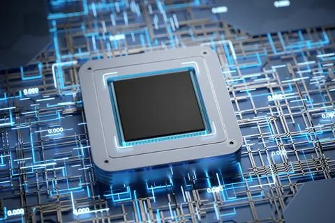 Advanced technology concept visualization: circuit board processor chip run.. Stock Illustration