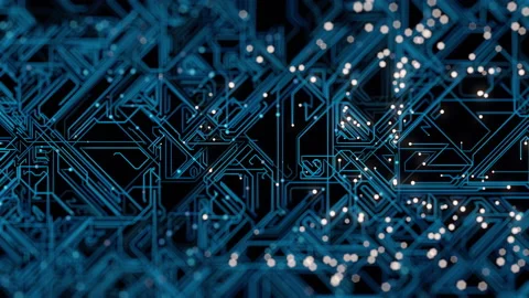 Advanced Technology Concept Visualization: Cyan and Blue Circuit Board CPU Stock Footage 153860633