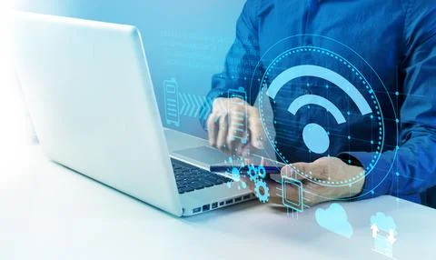 The advancement of WiFi security technology, working from home while commun.. 스톡 사진