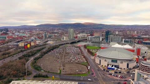 Advancing 4K 60FPS aerial of Belfast City Centre and the River Lagan in a Stock Footage 325493493