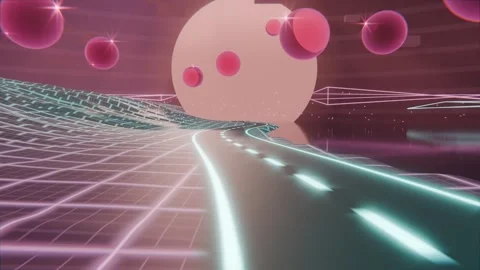 Advancing camera approaching road curving toward pale orb on horizon in Vídeo Stock 337504993