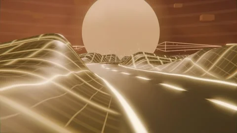 Advancing camera following glossy two-lane road through neon wireframe hills, Stock Footage 337504998