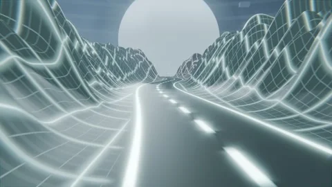 Advancing camera guiding view along two-lane road toward pale orb, framing Stock Footage 337505002