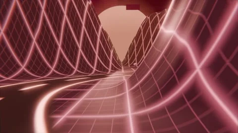 Advancing camera pushing neon roadway and grid hills through neon canyon to far Stock Footage 337504995