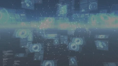 Advancing camera revealing central node network and panels in 3D data space, Video stock 330355091