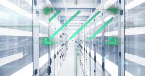 Advancing camera scanning server cabinets with green overlay indicating Stock Footage 320287194