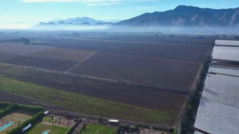 Advancing flight over a vast patchwork of plowed agricultural fields at dawn Stock Footage 340381705